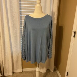 Blue Women's Top with Patterned Sleeves